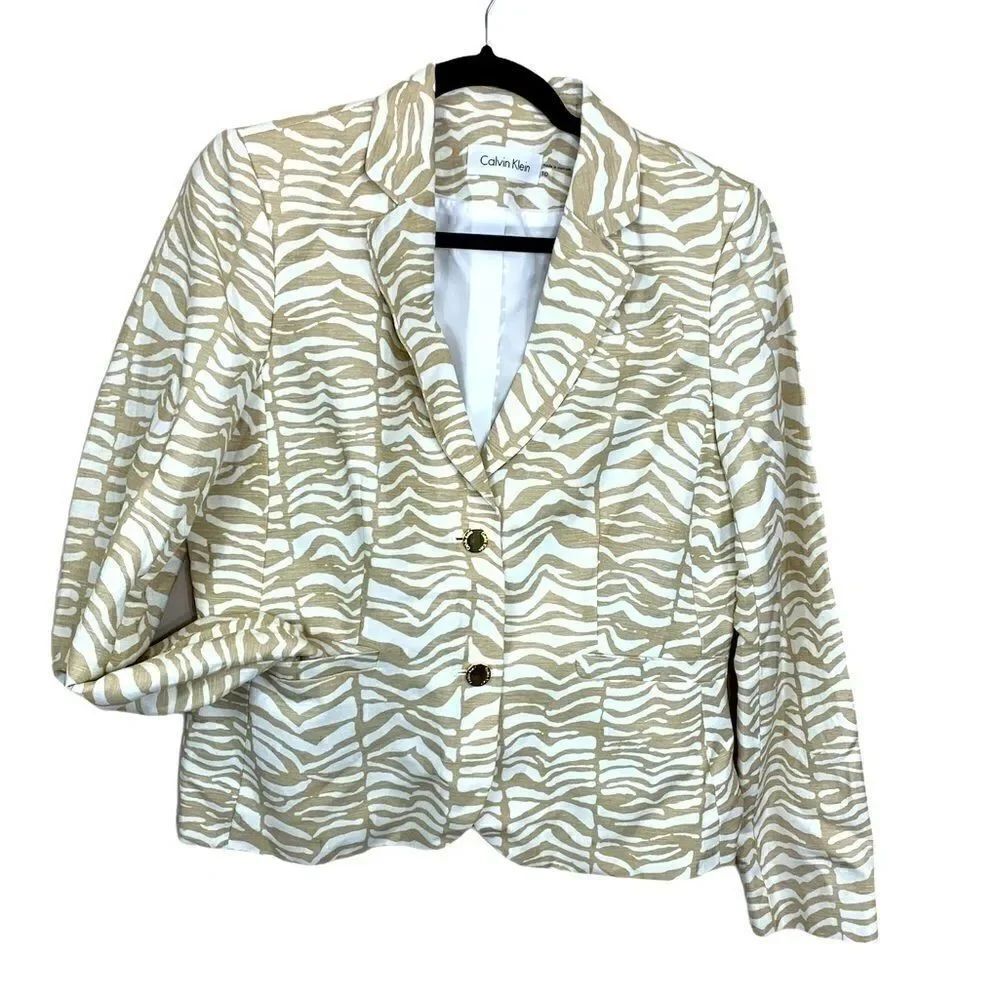 Calvin Klein tan white abstract print sz 10 blazer